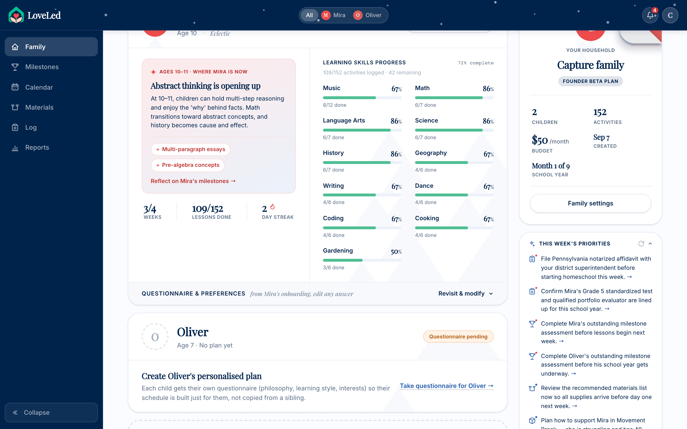 Family dashboard showing a developmental insight card for ages 10 to 11, per-subject progress bars, household plan summary and a questionnaire-pending card for the second child