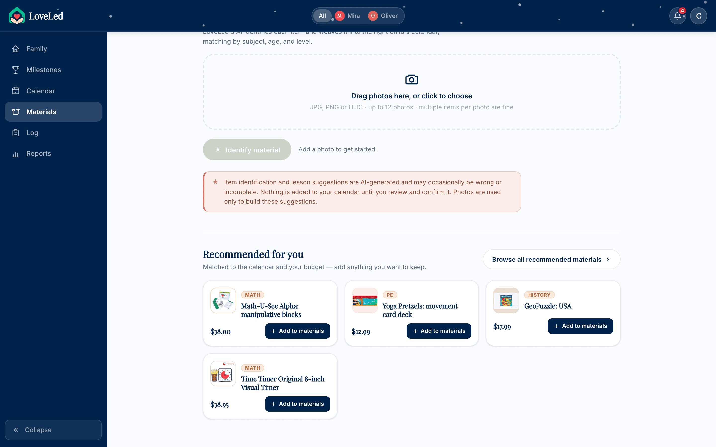 Materials page with a photo upload zone for AI item identification, an explicit notice that nothing is added without review, and recommended materials cards with subject tags and prices
