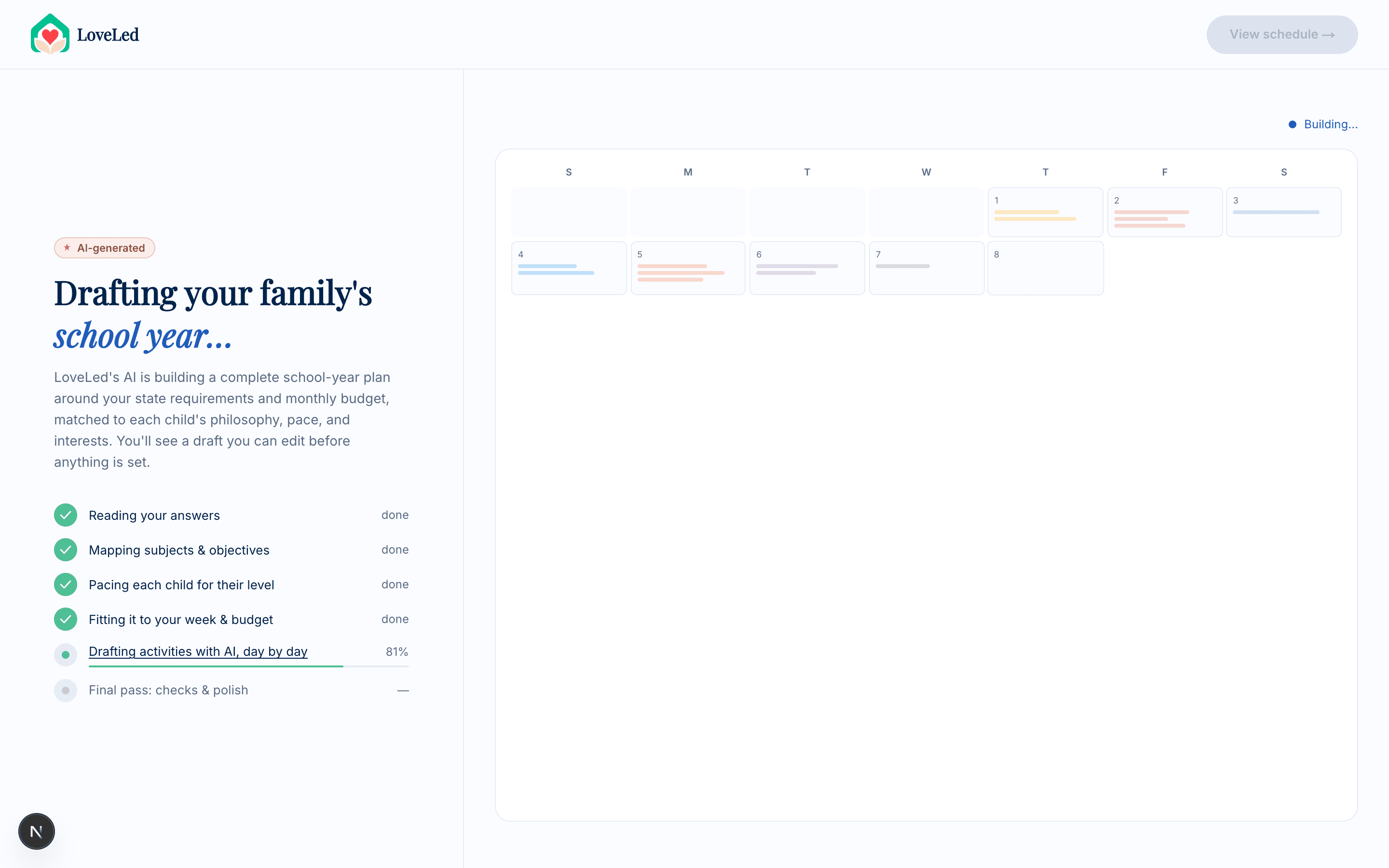 Generation screen mid-animation: left progress list with four steps done and drafting activities at 81 percent, right panel filling a month calendar with coloured subject bars