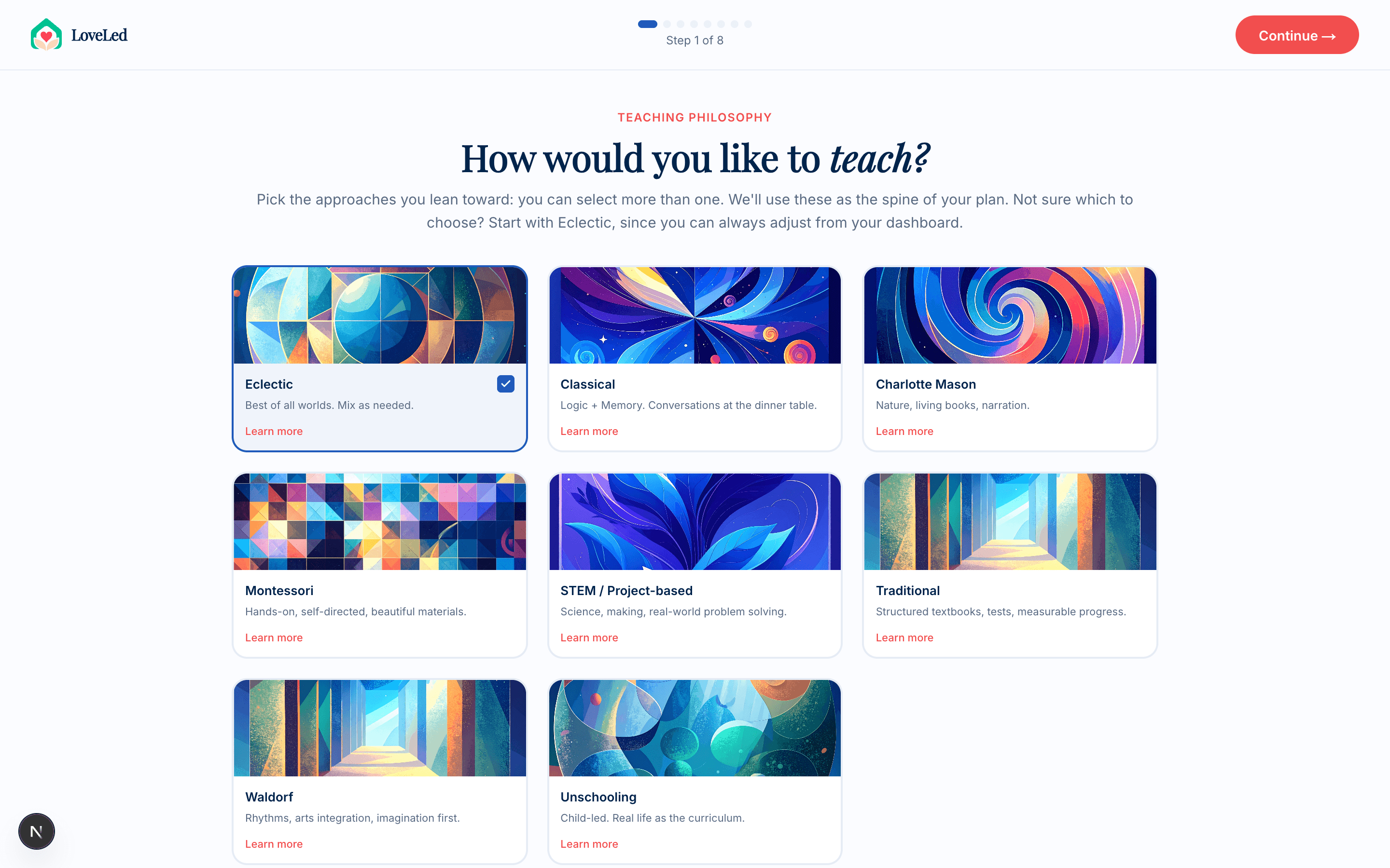 Onboarding step one: eight educational philosophy cards including Eclectic, Charlotte Mason, Montessori and Classical, each selectable with a learn-more link