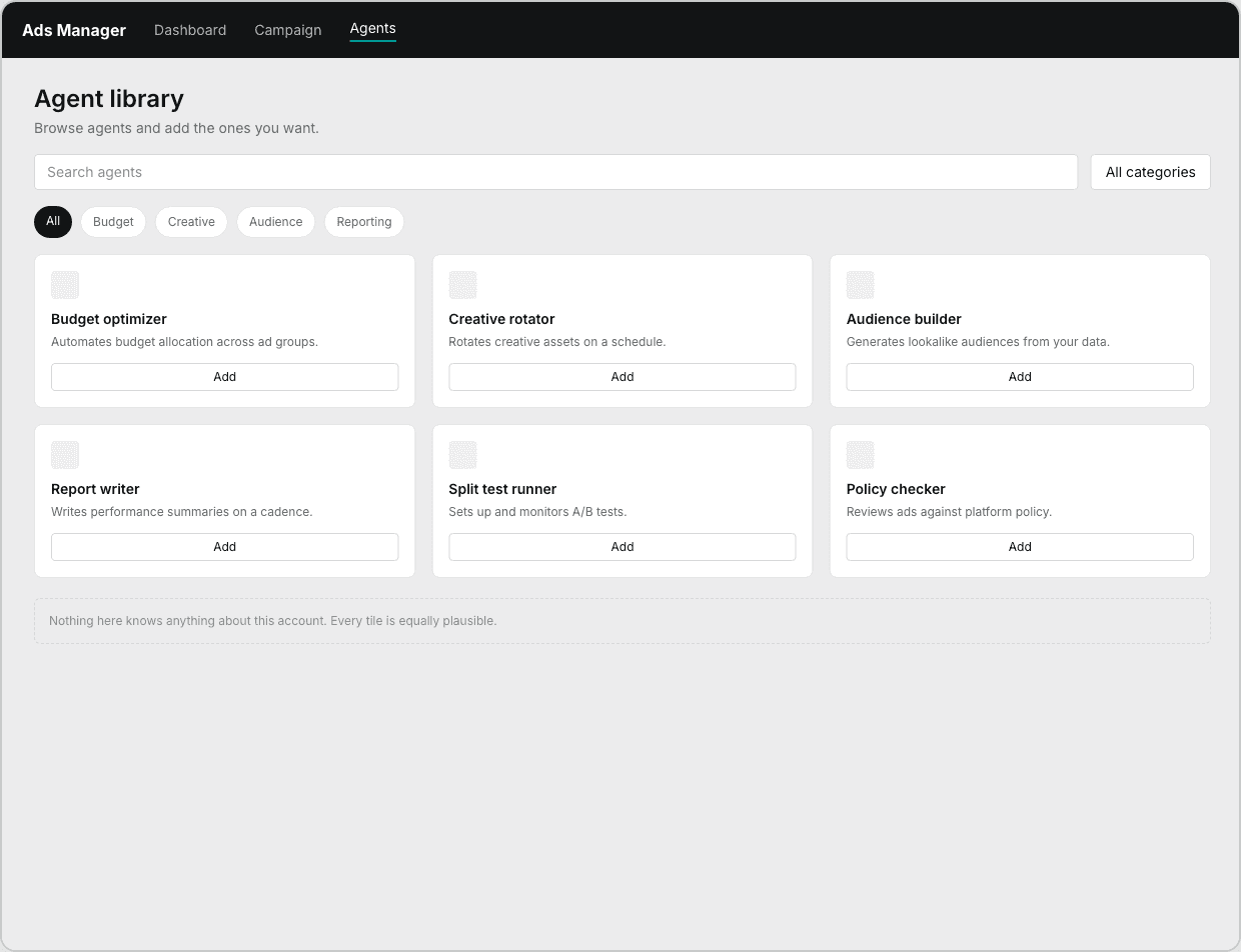 Dashboard iteration 1a — early agent catalog layout