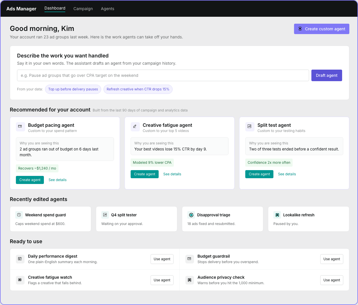 Dashboard iteration 1c — final three-band layout with prompt on top