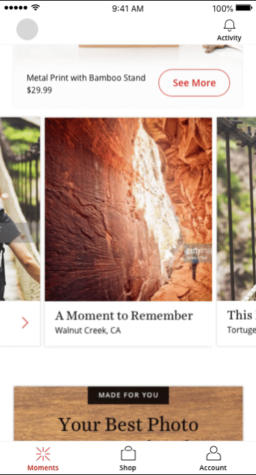 Moments feature — personalised product showcase within the Kodak app