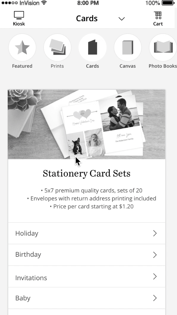 Wireframe explorations — animated walkthrough of the greeting card flow